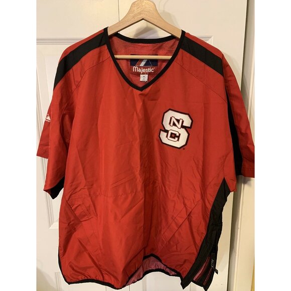 Majestic NC STATE Sz M BASEBALL WARM UP Pullover Side ZIP JACKET WINDBREAKER Red - Picture 1 of 8